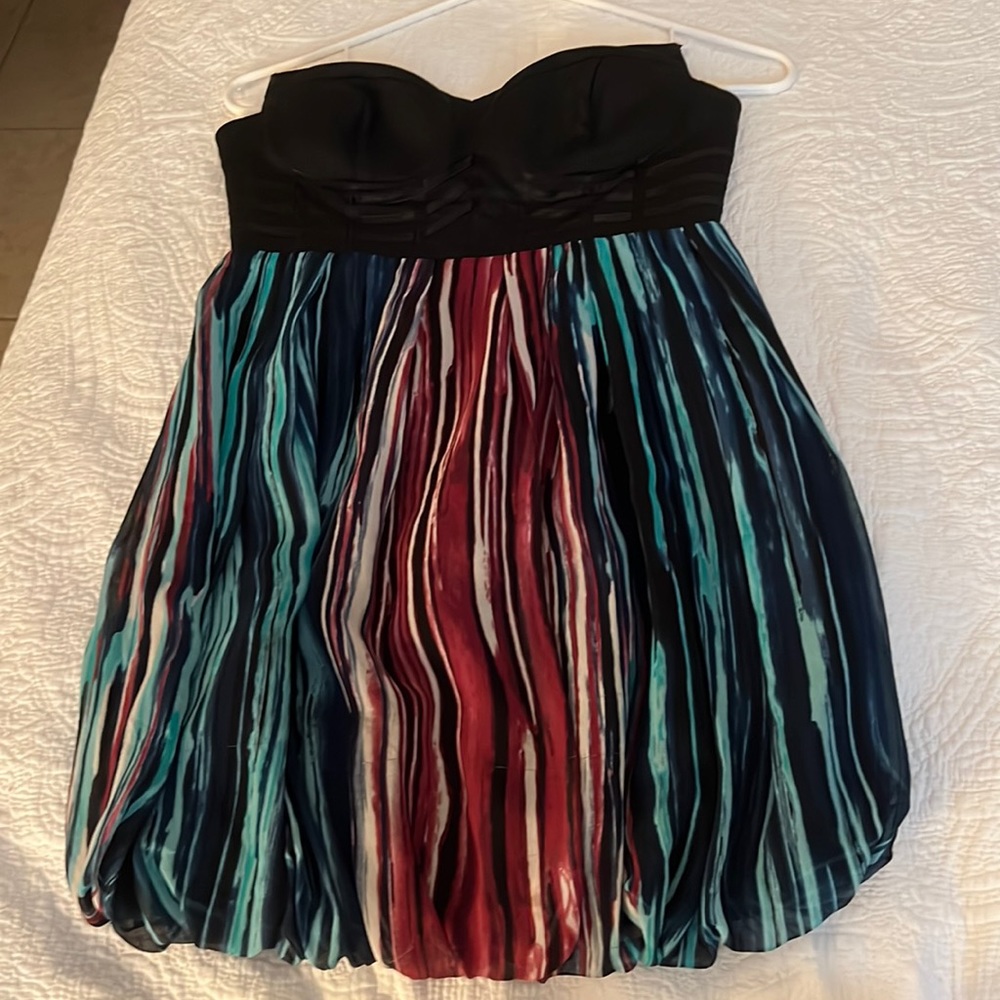Black, blue, maroon mini dress. Strapless. Fits XS-S